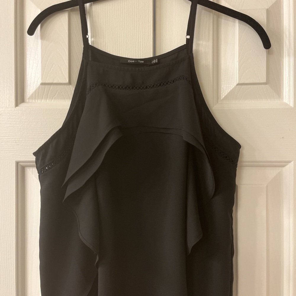 Doe & Rae Black Ruffle Halter Top - Whimsigoth Boho Fairy Crochet Detail - Large